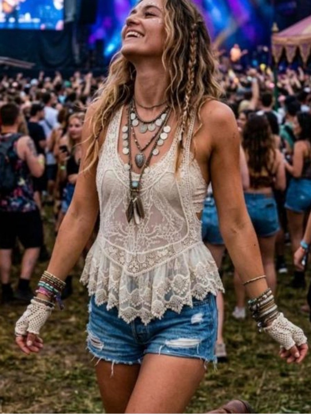 L DizzyLizzy Cream Crochet Lace Racerback Overlay